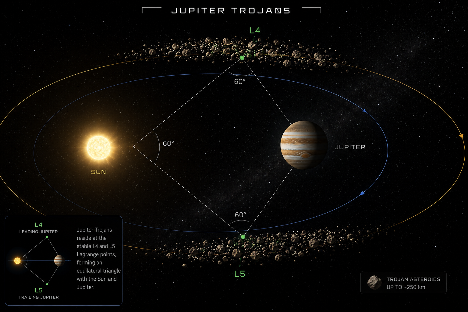 The stable L4 and L5 Lagrange points of the Sun-Jupiter system.