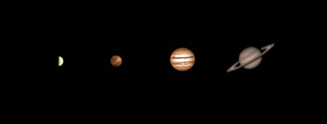 A collection of the planets Venus, Mars, Jupiter, and Saturn