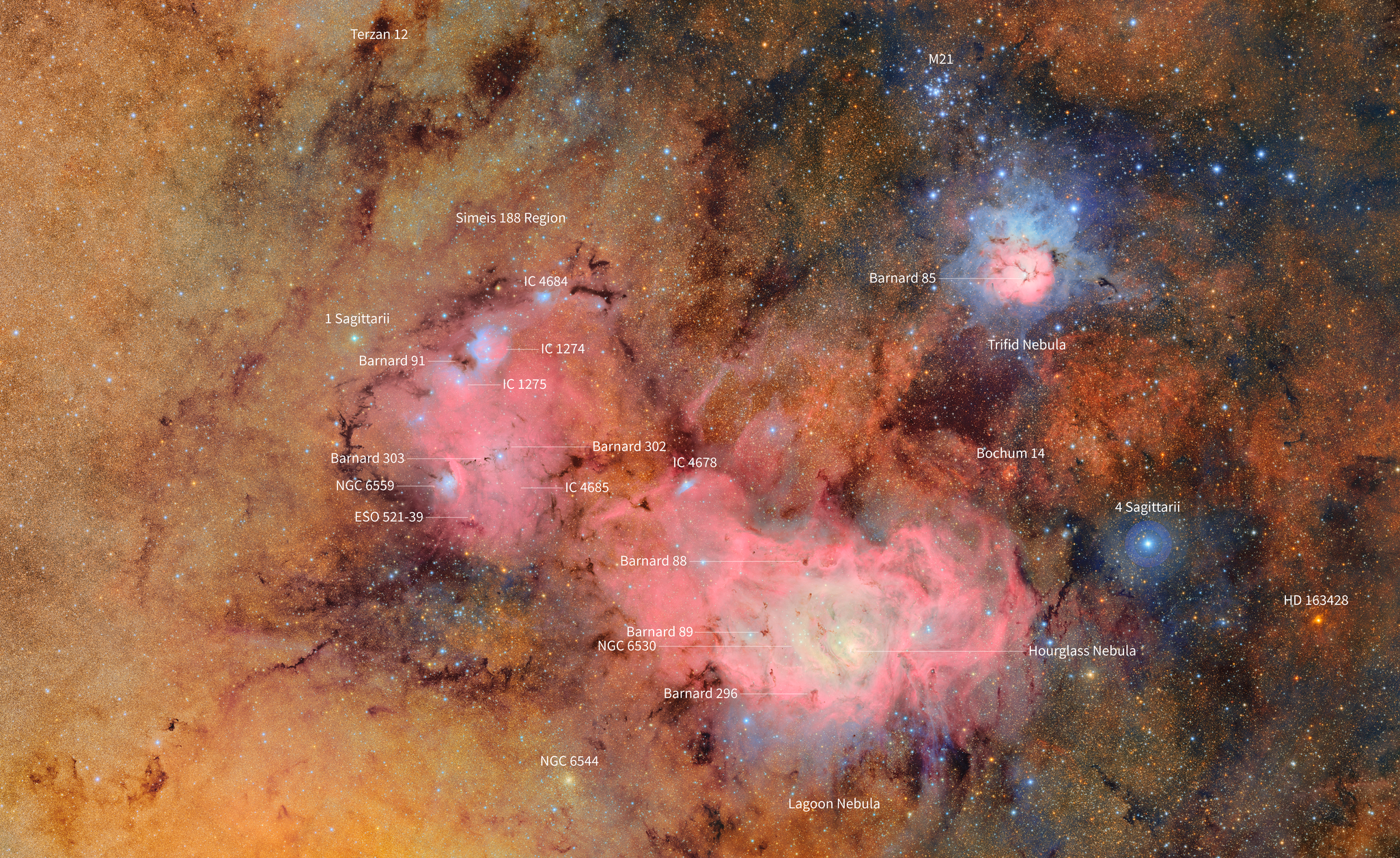 The region surrounding the Trifid and Lagoon Nebulae, as seen in this First Look image captured by NSF–DOE Vera C. Rubin Observatory.